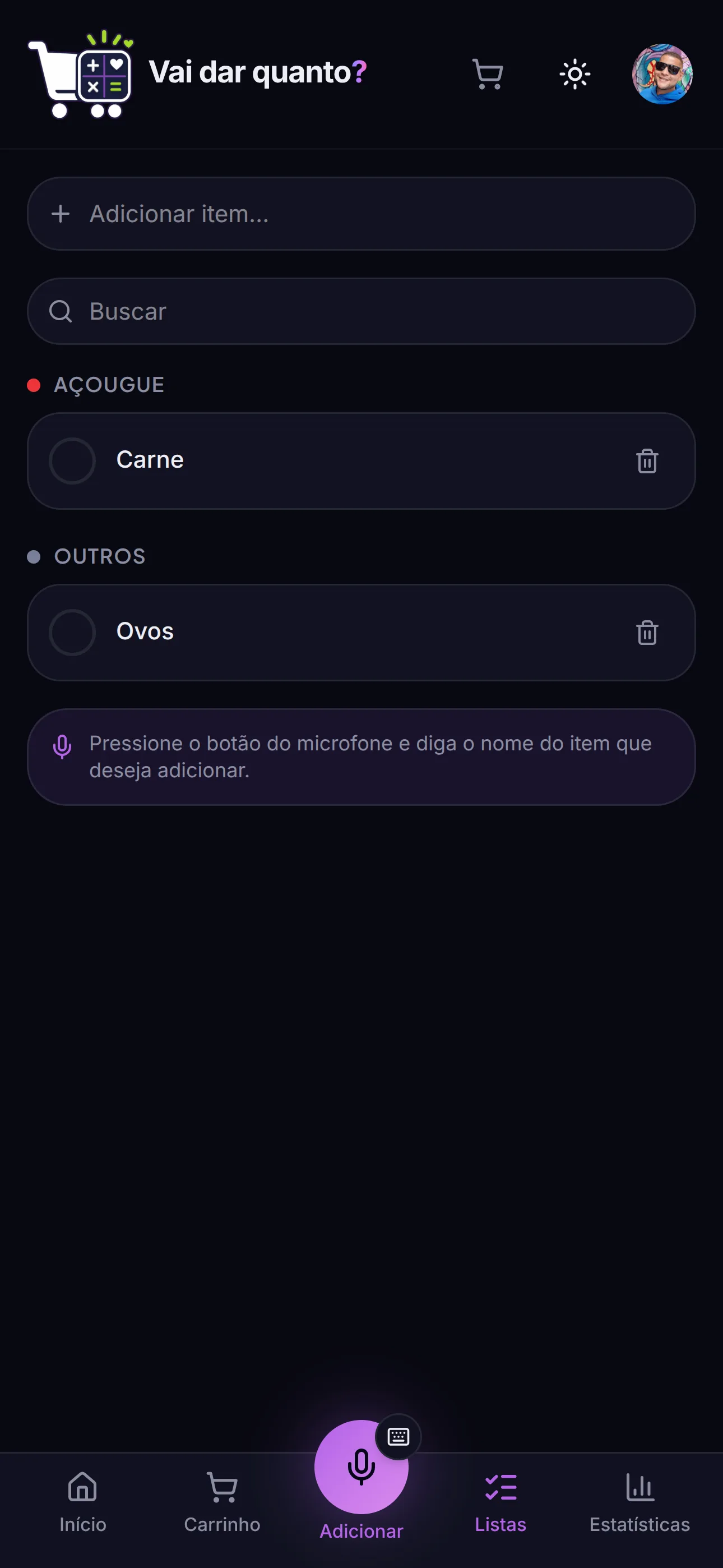 Tela real da lista rápida para itens frequentes